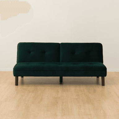 A dark emerald green velvet futon sofa bed with button tufting on the backrest and seat, supported by tapered wooden legs. — 3D model