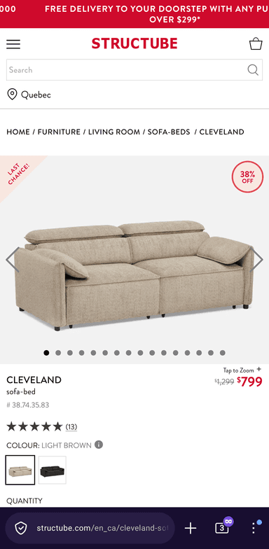 A light brown, contemporary sofa bed composed of modular sections, upholstered in a textured fabric. It features a low-profile design with multiple plush cushions forming the seat and backrests, giving it a relaxed aesthetic. The sofa includes individual padded components that suggest reconfigurability or conversion for sleeping. Small, dark, recessed feet are visible at the base. — 3D model