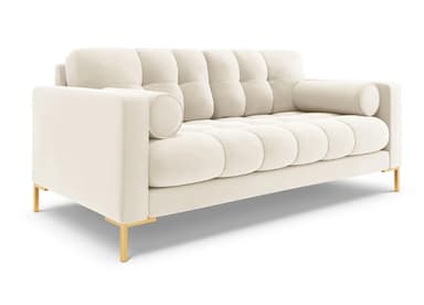 A contemporary two-seater loveseat upholstered in ivory-colored velvet fabric, featuring deep square tufting on both the backrest and seat cushions. It has straight track arms and is accompanied by two matching cylindrical bolster pillows. The loveseat is supported by slender, rectangular legs with a polished gold finish, creating a modern and elegant aesthetic. — 3D model