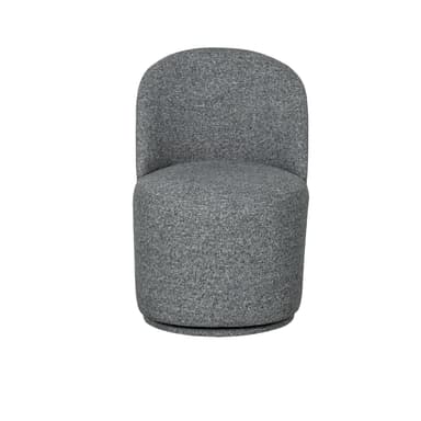 A modern upholstered accent chair featuring a barrel-like form and a swivel base, covered in a textured grey fabric. The chair's back is gently curved, indicating a comfortable and supportive design. The base is subtly recessed, creating a floating effect. It is photographed against a white background. — 3D model