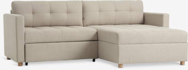 A light beige sectional sofa featuring a chaise lounge on the right side and a pull-out sleeper mechanism on the left. The seat and back cushions are tufted, creating a grid pattern. It has narrow, flat armrests and short, light wooden legs. — 3D model