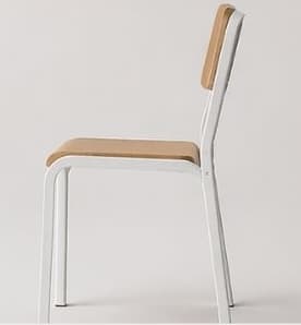 A side profile view of a modern chair. The chair features a white metal frame for the legs, seat support, and backrest frame. The seat and backrest are made of a light-colored wood-like material, possibly laminate or finished plywood. The design is minimalist and appears to be functional, suitable for dining or office use. — 3D model