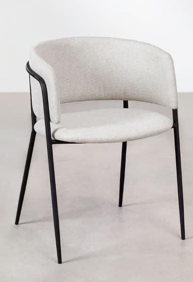 A minimalist dining armchair featuring a slender black metal frame and light grey upholstered seat and backrest. The backrest is gently curved, providing integrated arm support as it wraps around the sides. The seat cushion is separate from the backrest, with a slight gap visible between the two elements. The four tapered metal legs splay slightly outwards, contributing to a modern aesthetic. — 3D model