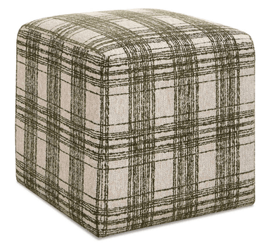 A cube-shaped, fully upholstered ottoman featuring a dark green and off-white plaid pattern on a textured fabric. — 3D model