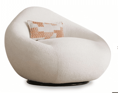 A modern, sculptural, off-white upholstered swivel lounge chair with an organic, rounded form, set on a dark circular base. — 3D model