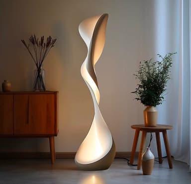 A tall, contemporary floor lamp featuring a sculptural, twisted design. The lamp's body is a continuous, ribbon-like form that gently twists upwards, creating an elegant, biomorphic silhouette. Light emanates softly from the inner curves of the twisted structure, providing ambient illumination. The exterior appears to have a smooth, matte finish in a bronze or deep champagne color, contrasting with the lighter, illuminated interior. — 3D model