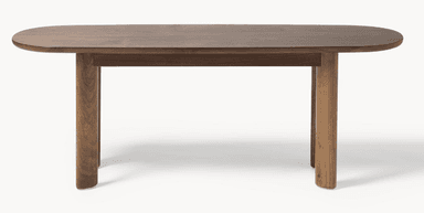 A minimalist wooden bench featuring an oval-shaped top and four sturdy, cylindrical legs, all crafted from dark-toned wood with a visible grain. The design is clean and contemporary with smoothly rounded edges. — 3D model