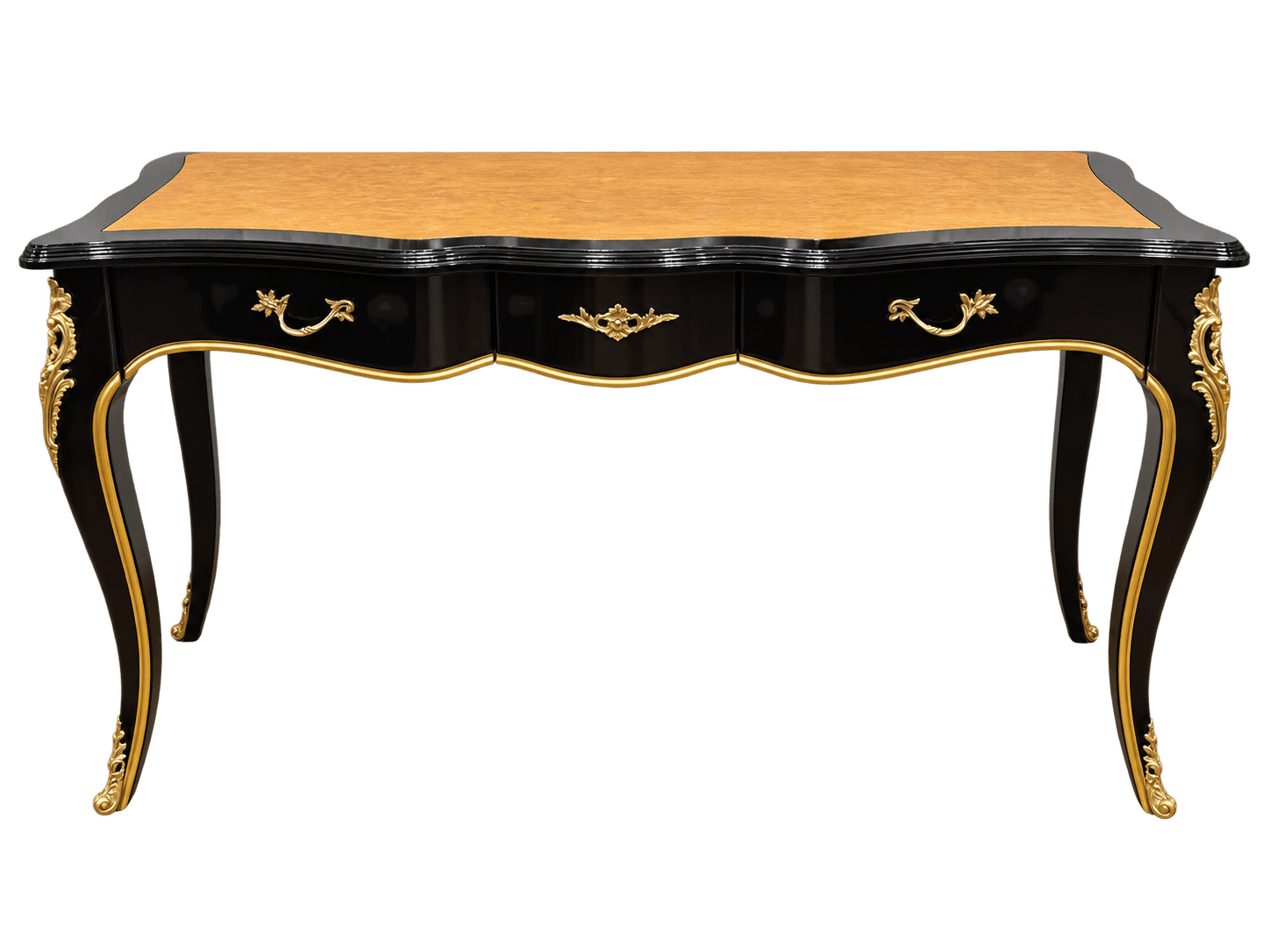 A highly ornate black lacquered writing desk featuring a light wood burl veneer top and extensive gilded metal (ormolu) detailing, supported by elegant cabriole legs, and equipped with three central drawers. — 3D model