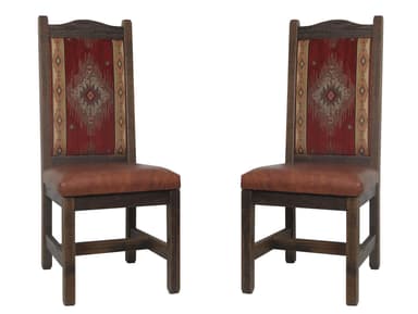 An armless dining chair featuring a dark-stained solid wood frame, a brown upholstered seat, and a patterned fabric upholstered backrest in red and earthy tones. — 3D model
