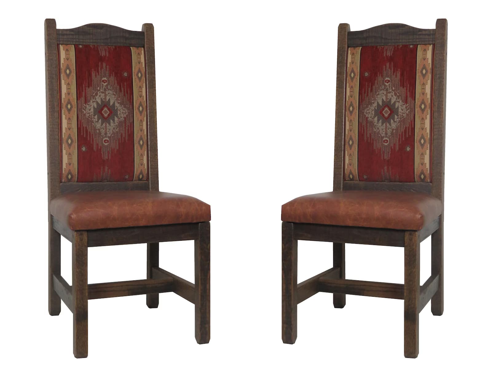 An armless dining chair featuring a dark-stained solid wood frame, a brown upholstered seat, and a patterned fabric upholstered backrest in red and earthy tones. — 3D model