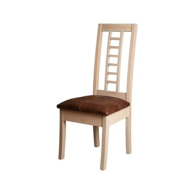 A light-toned wooden dining chair featuring a distinctive ladder-back design and a dark brown, distressed leather upholstered seat. The chair has a sturdy frame with square, slightly tapered legs, indicating a blend of classic and contemporary design elements. — 3D model