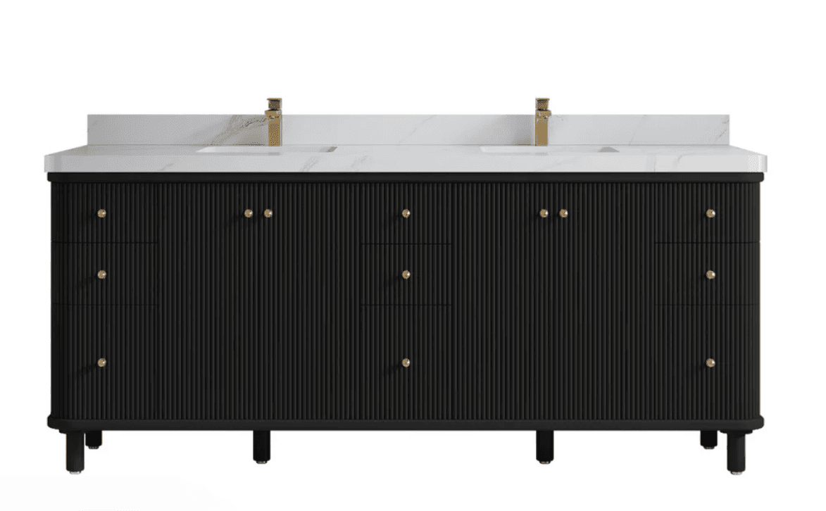 A double vanity unit with a fluted black cabinet, a white marble-effect countertop, and two gold faucets. The cabinet features multiple drawers and doors, adorned with gold circular knobs. It is supported by four black cylindrical legs. — 3D model