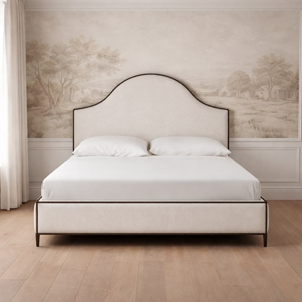 A fully upholstered bed frame with a curved, scalloped headboard. The headboard and the side rails are outlined with dark decorative nailhead trim. The bed is presented with a white fitted sheet covering the mattress, on a white background. The bed frame has four short, dark legs. — 3D model