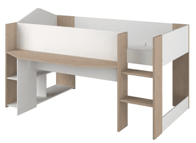 A loft bed designed with integrated desk and shelving space. The bed frame is elevated, with a desk surface extending from the front. Stair access is provided on the right side, with shelving integrated beneath the desk on the left. The construction features a combination of white and wood-grain finishes. — 3D model