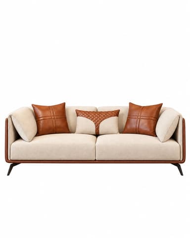 A modern two-seater sofa featuring a contrasting design with light beige fabric upholstery on the seat and back cushions, and rich brown leather-like material wrapping the exterior frame and arms. It rests on slender, dark-colored tapered legs and is accessorized with multiple throw pillows, some matching the brown material, one with a quilted pattern. — 3D model