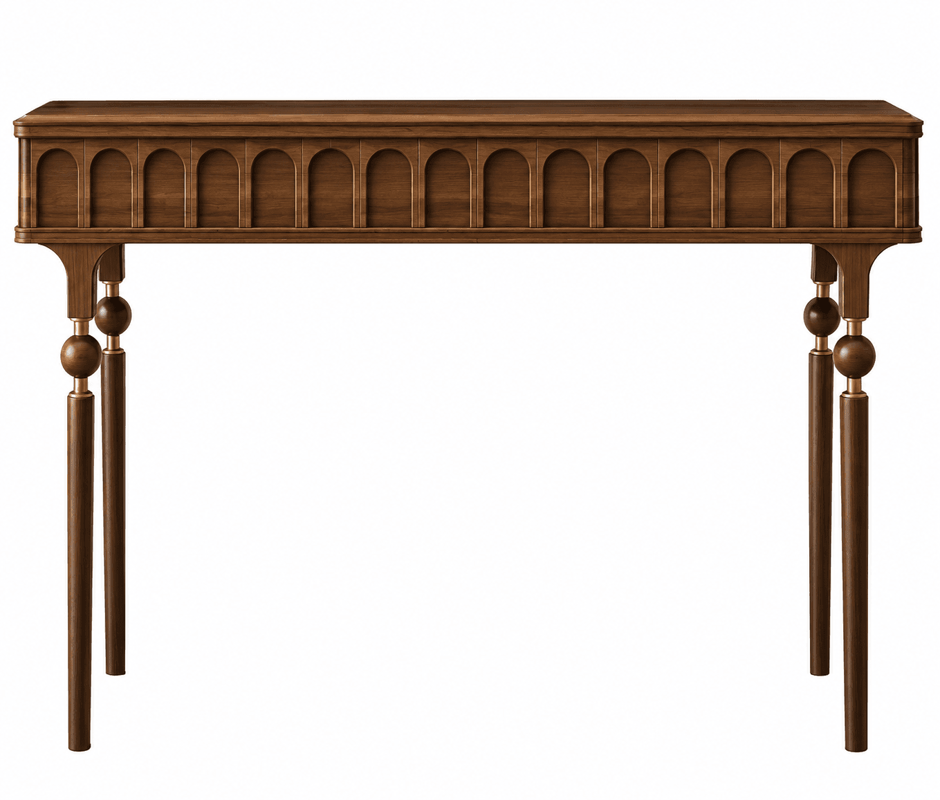 A long, narrow console table crafted from dark wood, featuring a prominent apron with a series of recessed arch-shaped panels. The table stands on four legs, each comprising two slender, tapered wooden posts. These posts are adorned with two large spherical wooden elements, separated by elegant brass rings, adding a decorative and architectural quality to the design. — 3D model