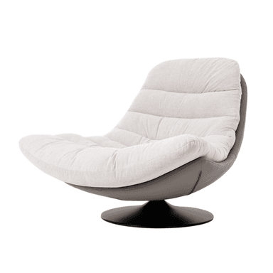 A modern accent chair with a swivel base. The chair features a low-profile, egg-shaped silhouette. The exterior shell appears to be made of a smooth, matte gray material, possibly faux leather or finished leather. The interior seating surface is upholstered in a textured, light-colored fabric with a subtle woven pattern and visible tufting. The chair rests on a circular, black metal swivel base. — 3D model