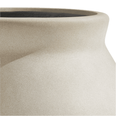 A minimalist, light beige ceramic vase with a smooth, matte finish. The vase features a wide, gently fluted rim that tapers inward slightly before expanding into a bulbous body, then narrowing towards a stable, flat base. Its contemporary design emphasizes clean lines and a soft, uniform texture. — 3D model