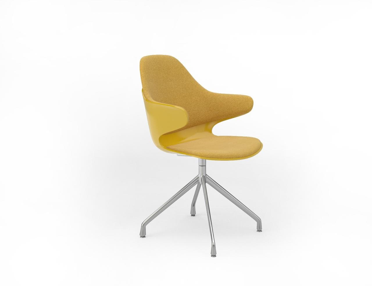 A contemporary office chair featuring a sculpted yellow plastic shell with integrated arms, partially upholstered in a complementary mustard-yellow textured fabric. The seat and inner backrest are upholstered, while the outer shell and armrests remain exposed plastic. It rests on a polished chrome four-star swivel base with glides, designed for modern office or desk use. — 3D model