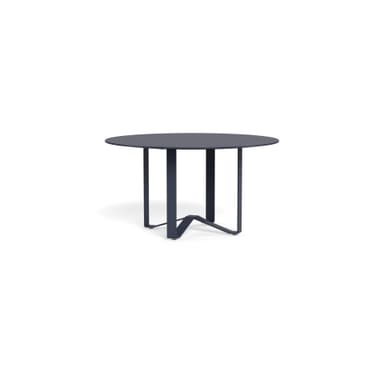 A modern round dining table with a dark grey finish and a distinctive pedestal base with radiating metal legs. — 3D model