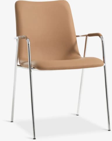 A contemporary armchair featuring a polished tubular chrome frame that forms the legs and integrated armrests. The seat and backrest are upholstered in a smooth, tan-colored material, likely faux leather or a durable fabric. The backrest is gently curved, contributing to the chair's sleek profile. — 3D model