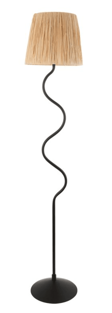 A modern floor lamp featuring a distinctive wavy metal stem and a natural raffia shade. The lamp has a matte black finish on its base and stem, which contrasts with the light, textured material of the conical shade. The stem forms an 'S' shape, providing a sculptural element to the design. The circular flat base ensures stability. — 3D model
