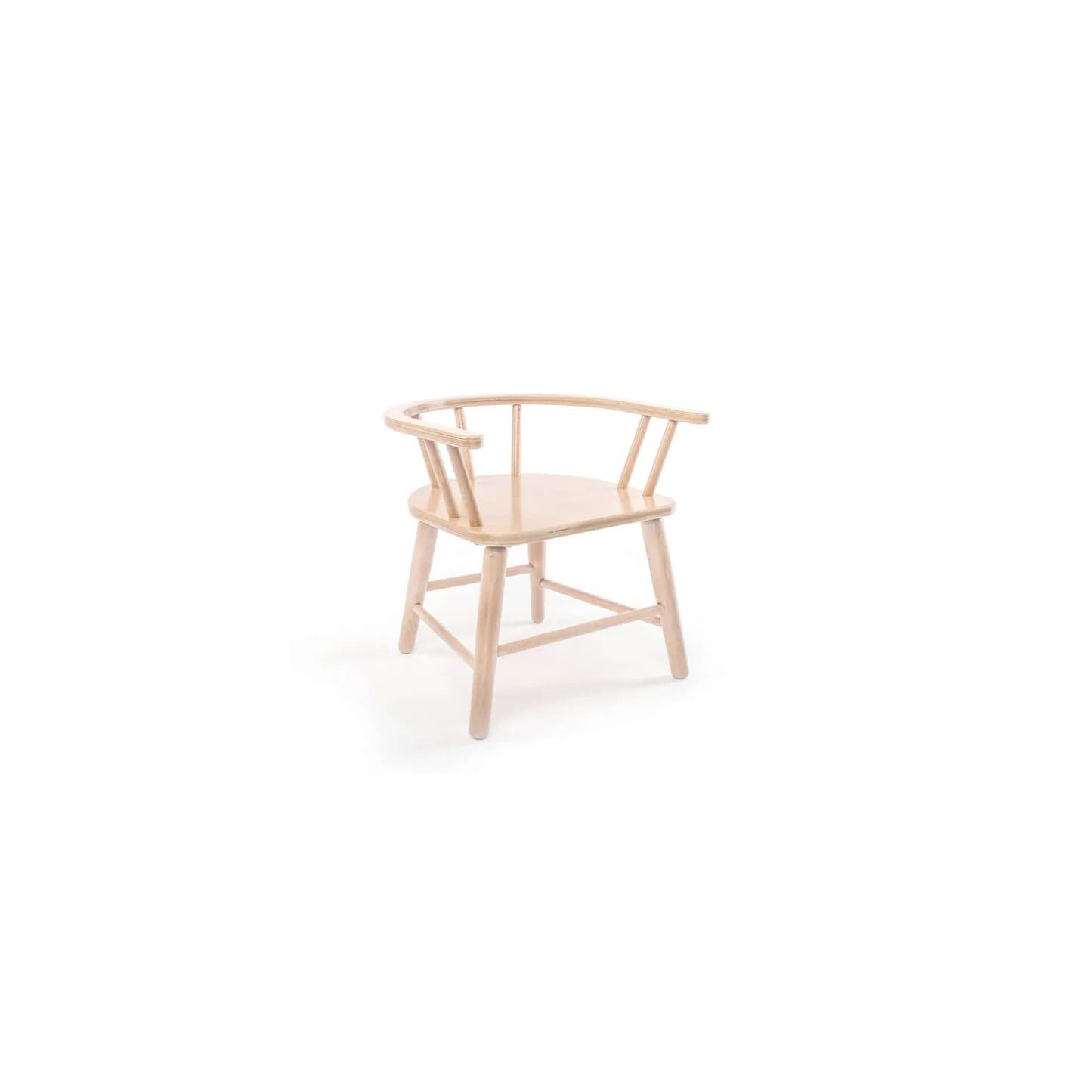 A light-colored wooden chair with a curved backrest and armrests. The chair features a spindle back design and four legs connected by stretchers for stability. The seat is flat and appears to be made of solid wood. The overall design suggests a classic or traditional style, possibly a spindle-back armchair. — 3D model