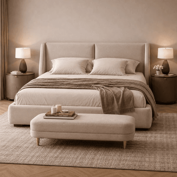 A modern upholstered platform bed featuring a high, slightly winged headboard with two vertical panels, accompanied by a matching upholstered end-of-bed bench with rounded edges and small wooden feet. Both pieces are in a neutral, light beige fabric. — 3D model