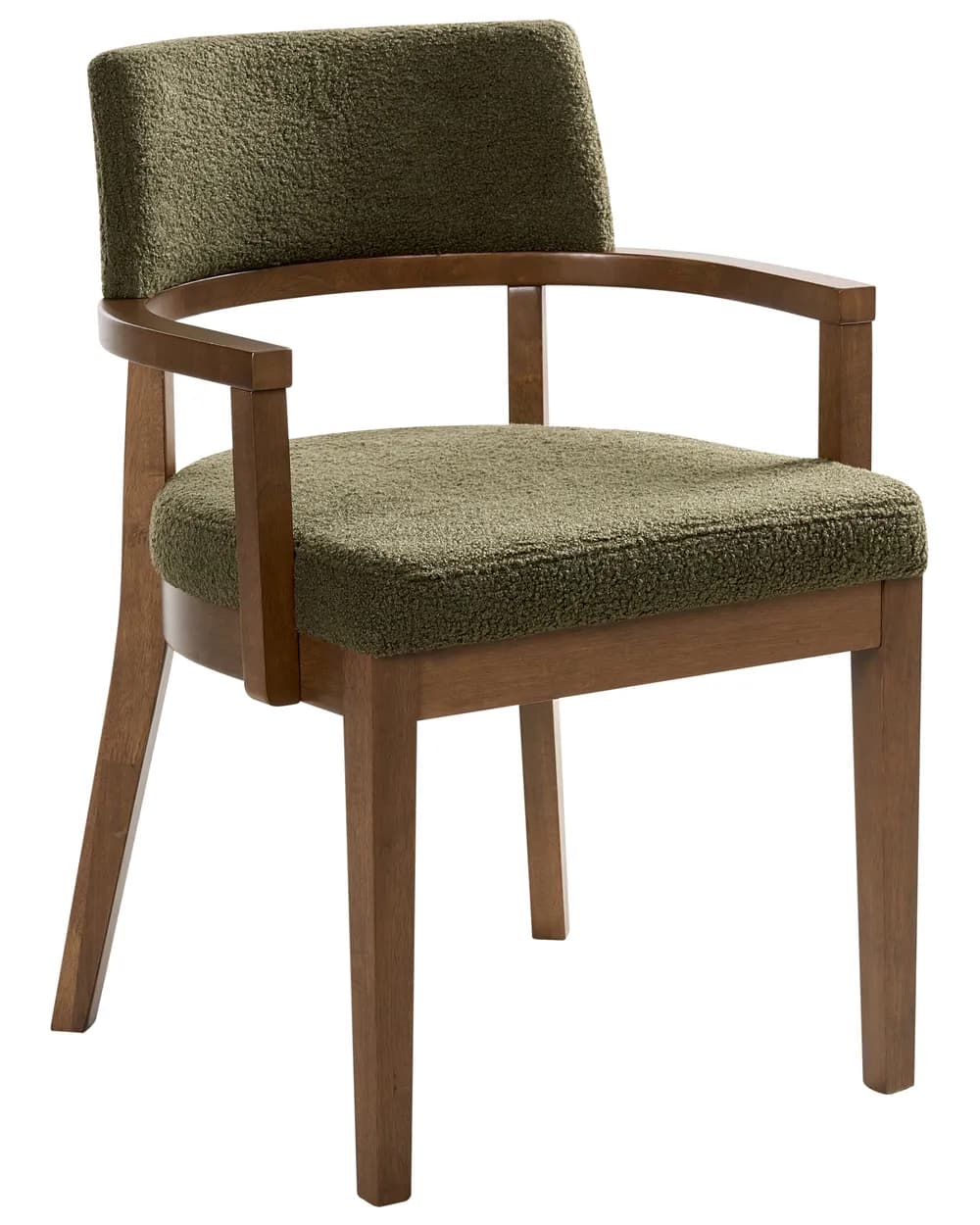 A transitional style armchair featuring a solid wood frame with a rich brown finish and fully upholstered seat and back in a textured green bouclé fabric. The chair has integrated, gently curved armrests and four tapered legs. — 3D model