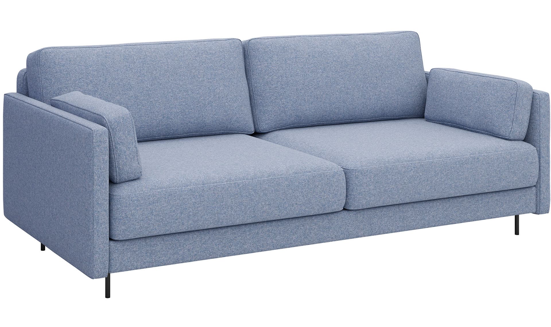 A contemporary two-seater sofa with a low profile and clean lines. It features upholstered armrests and back cushions, supported by slender, dark-colored legs. The fabric appears to be a textured weave. — 3D model