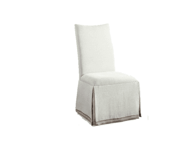A fully upholstered dining chair featuring a removable slipcover in a light, neutral-toned fabric. The slipcover extends to the floor, forming a pleated skirt around the base, and is accented with a horizontal striped detail near the hem. The chair has a clean, somewhat tall backrest and a comfortable, cushioned seat, presenting a relaxed yet refined aesthetic. — 3D model