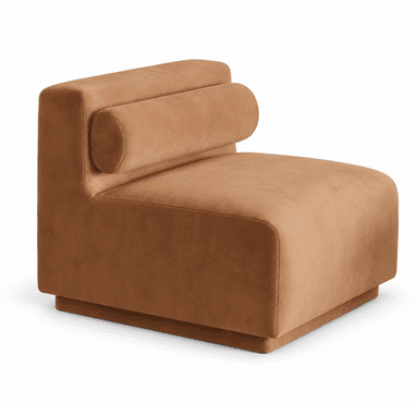 A modern armless lounge chair featuring a low-profile, blocky silhouette. It is upholstered in a plush, camel-colored fabric and includes a distinctive cylindrical bolster cushion seamlessly integrated into the backrest. The chair rests on a recessed plinth base, contributing to its clean and minimalist aesthetic. — 3D model