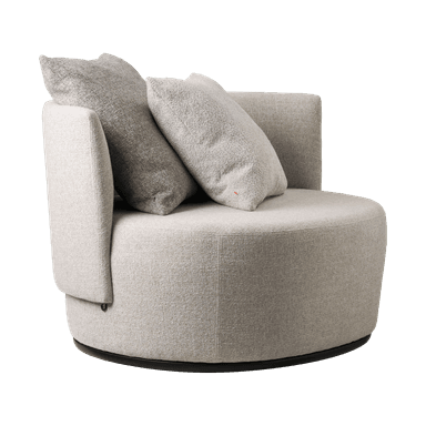 A modern upholstered armchair featuring a rounded silhouette and a textured light-colored fabric. It has an integrated curved backrest and armrests, with two additional toss pillows for comfort. The chair rests on a dark, circular plinth base, suggestive of a swivel mechanism. — 3D model