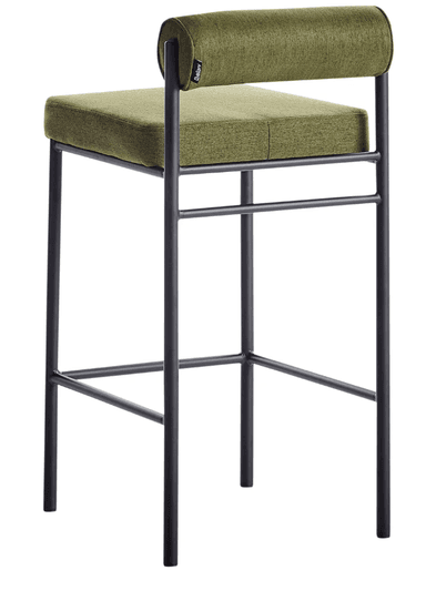 A contemporary bar stool featuring a metal frame and upholstered seat and backrest. The frame consists of four slender legs connected by crossbars for stability. The seat is a padded rectangular cushion, and the backrest is a curved, padded element supported by the frame. The upholstery has a textured finish. — 3D model