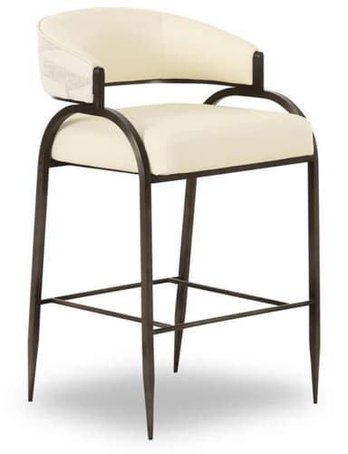 A bar stool with a curved backrest and a padded seat. The frame is constructed from dark metal with tapered legs and a footrest connecting the legs. The seat is upholstered in a cream-colored material, and the backrest features a patterned fabric in off-white and grey tones. — 3D model