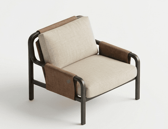 A contemporary single-seater lounge chair featuring a dark tubular metal frame, light-colored upholstered seat and back cushions, and contrasting brown fabric-wrapped armrests. — 3D model
