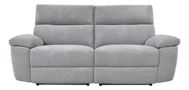 A light grey upholstered two-seater loveseat featuring power reclining functionality. The design is contemporary with plush, padded armrests and backrests, and visible white accent stitching along the seams. It includes integrated power recline controls located on the side of the armrest. — 3D model