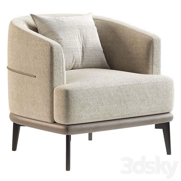 A single armchair with a curved back and arms, upholstered in a textured fabric. It features a separate lumbar cushion and sits on four tapered legs. The base of the chair is framed by a contrasting material, possibly leather. — 3D model