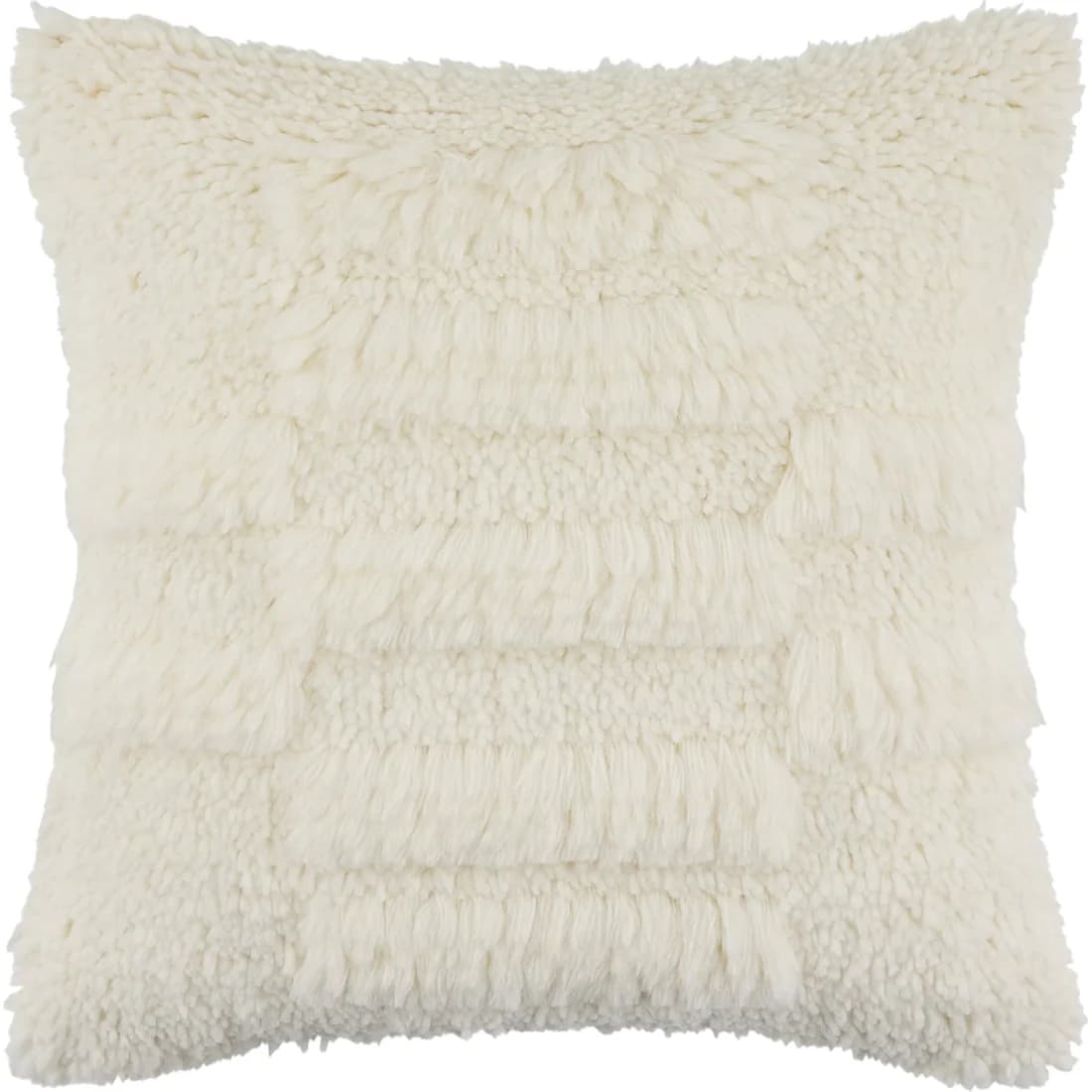 A square cushion with a textured, fluffy surface. The material appears to be a faux fur or natural wool, exhibiting a dense pile with varying lengths that create a tufted effect. The color is predominantly off-white or cream, with subtle shading indicating depth and form. The lighting casts a shadow across the upper left portion of the cushion, highlighting its three-dimensionality. — 3D model