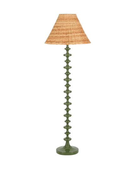 A floor lamp with a segmented, beaded stem and a conical lampshade. The stem is a uniform green color, featuring a repeating pattern of spherical nodes connected by narrower sections. The base is circular and flared. The lampshade is constructed from woven natural fibers, likely rattan or wicker, with a warm, neutral tone. — 3D model