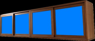An elongated, low-profile furniture unit featuring a wooden frame and four sliding door panels. The panels exhibit a warm, medium-brown wood grain, with the interior portions currently rendered as solid blue placeholders. The unit is designed with a sleek, minimalist aesthetic, suitable for various storage needs. The sliding mechanism suggests efficient use of space without outward swinging doors. — 3D model