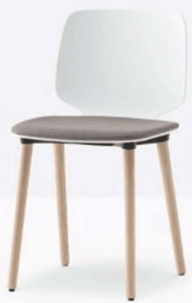 A contemporary dining side chair featuring a molded white backrest, a grey upholstered seat, and four light-colored wooden legs. The design is simple and functional. — 3D model