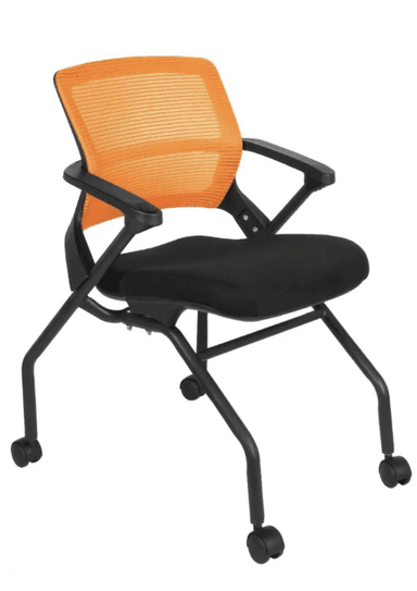 A modern office chair featuring an orange mesh backrest and a black fabric upholstered seat. It includes fixed black plastic armrests and a black tubular metal frame with four rolling casters for mobility. — 3D model