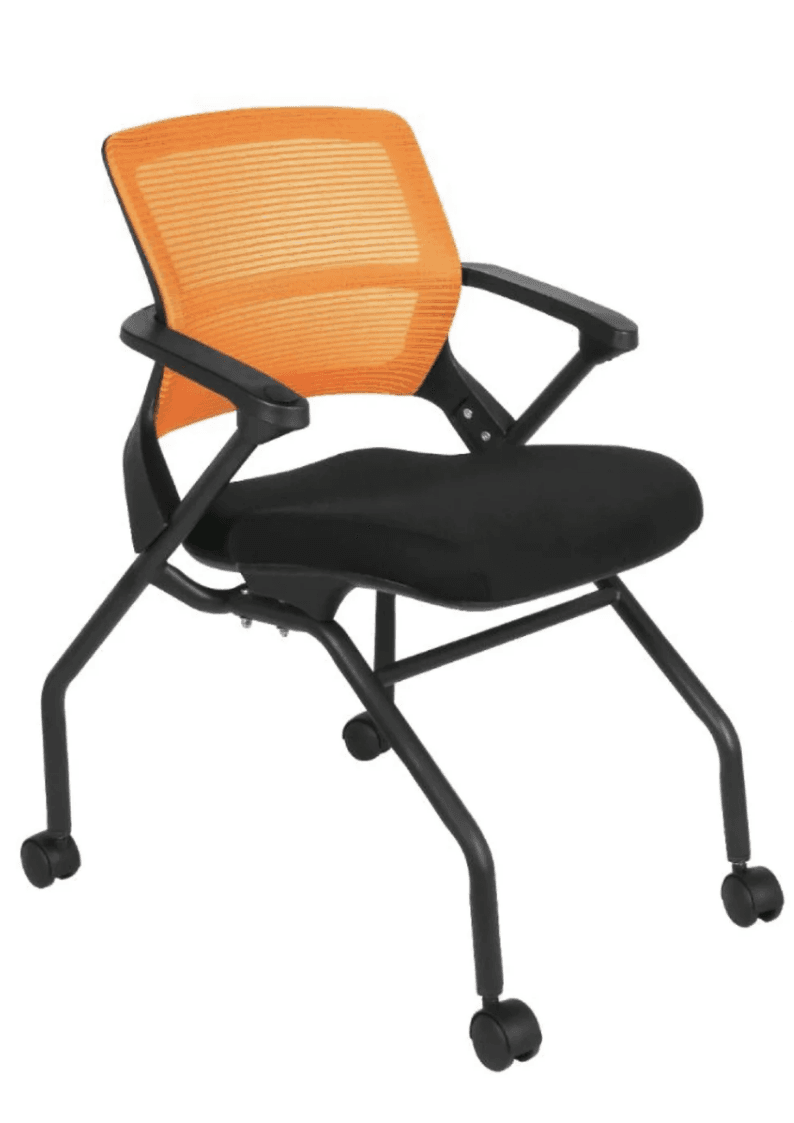 A modern office chair featuring an orange mesh backrest and a black fabric upholstered seat. It includes fixed black plastic armrests and a black tubular metal frame with four rolling casters for mobility. — 3D model