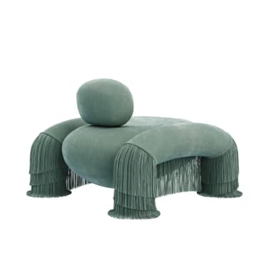A highly stylized and sculptural lounge chair upholstered in a soft, plush greenish-blue velvet-like fabric, featuring prominent, multi-layered fringe tassels on its four rounded, stubby supports. It includes a separate, rounded backrest cushion that maintains the overall organic form. — 3D model
