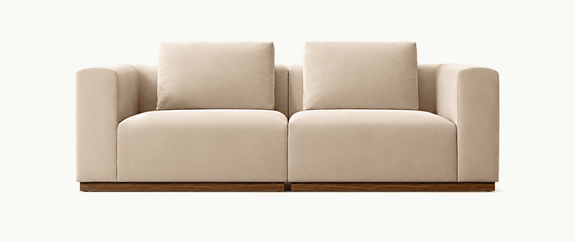 A modern two-seater sofa or loveseat upholstered in light beige fabric, featuring a clean, blocky silhouette and a recessed dark wooden plinth base. — 3D model