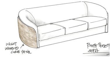 A three-seater sofa with a curved silhouette. The sofa features upholstered cushioning in a light neutral color and is accented with curved, wooden end panels that provide a contrasting aesthetic and structural support. — 3D model