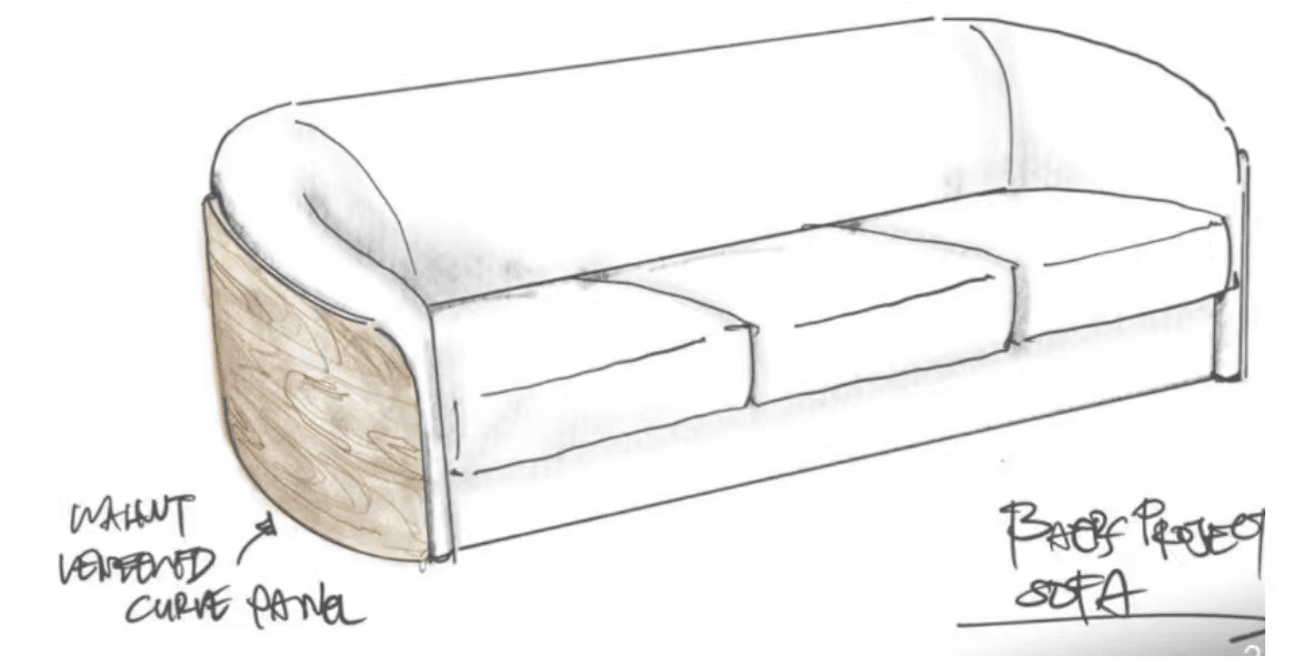 A three-seater sofa with a curved silhouette. The sofa features upholstered cushioning in a light neutral color and is accented with curved, wooden end panels that provide a contrasting aesthetic and structural support. — 3D model