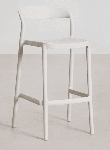 A contemporary bar stool with a curved backrest and a molded seat. The stool has four straight legs connected by stretchers for added stability. The overall design is minimalist and modern. — 3D model
