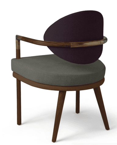 A modern armchair with a sculptural design, featuring a circular, thickly upholstered seat in a grey-green fabric and a crescent-shaped backrest in a deep purple fabric. The dark wood frame includes splayed, tapered legs and curved armrests that integrate the backrest, accented with polished brass fittings. The combination of materials and two-tone upholstery creates a sophisticated and distinctive aesthetic. — 3D model